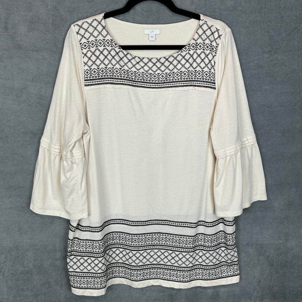 J Jill Top Womens Large Cream Black Embroidered Bell Sleeve Casual Boho Stretch
